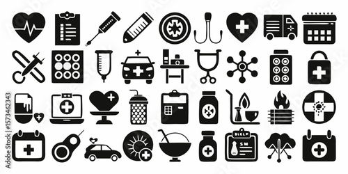 Collection of medical and healthcare icons silhouette isolated on white background