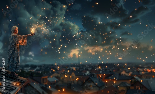 Elderly person creating magic lights against a twilight sky over city rooftops