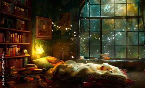 Cozy indoor setting with a sleeping dog in a sunlit room surrounded by books and nature