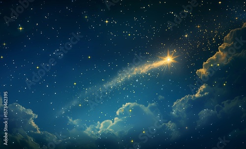 Bright shooting star illuminates the night sky with twinkling stars and beautiful clouds