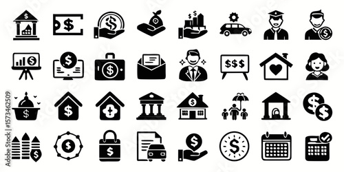 Collection of financial and business icons representing money management and investment concepts silhouette isolated on white background