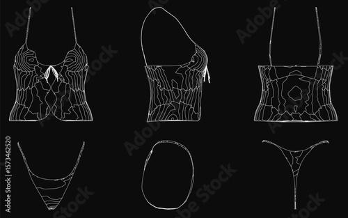 Various dress designs sketched in detailed illustrations, featuring elegant silhouettes and stylish patterns. The collection includes casual, formal, and lingerie-inspired underwear designs.