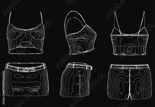 Four stylish women's clothing items sketched on a black background, featuring a detailed top and skirt among the designs. The pieces showcase intricate patterns, varied colors from light to dark.