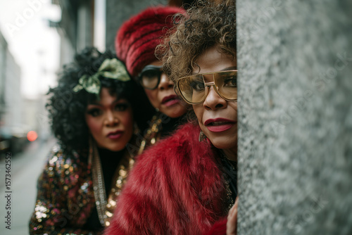 Three transgender people in stylish outfits peeking around a corner in an urban setting during the evening