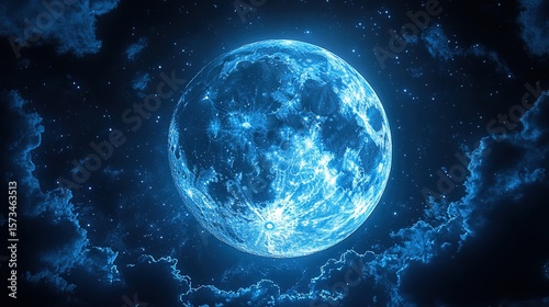 An ethereal, vibrant, blue-toned depiction of a full moon against a dark, starry night sky with dramatic cloud formations.