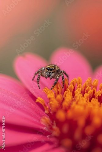 Macro Photo of Colorful Spider on Flower Petal with Pastel Bokeh Background