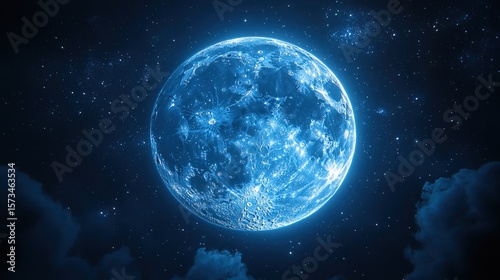 A stunning, vivid blue full moon glowing brightly against a dark, starry night sky with subtle cloud formations.