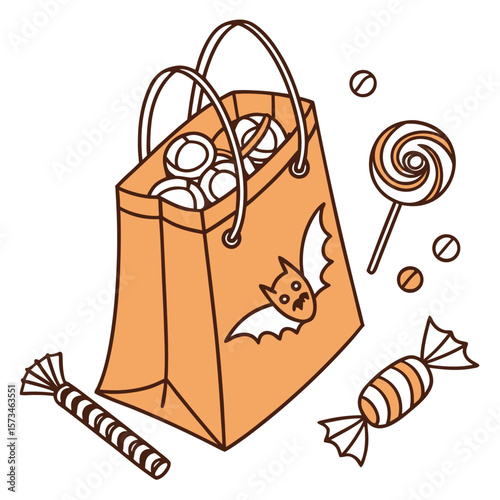 A festive orange halloween trick or treat bag adorned with a cute bat graphic is overflowing with various candies and surrounded by scattered sweets