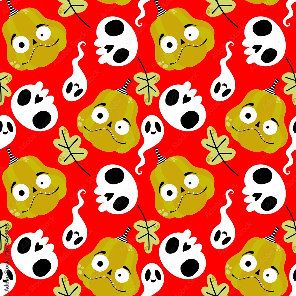 Fototapeta premium Autumn harvest vegetable seamless monster Halloween pumpkins pattern for wrapping paper and fabrics 