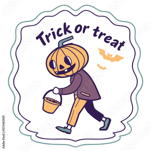 Whimsical cartoon jack o lantern character with a bucket for trick or treating accompanied by flying bats and the phrase trick or treat