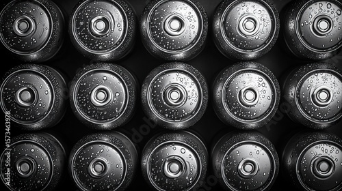 Close-up monochrome shot of multiple beverage cans arranged in a grid, showcasing condensation droplets on surfaces.