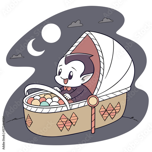 Adorable baby vampire character dressed in a purple outfit with a bow tie sitting in a wicker bassinet filled with colorful eggs under a crescent moon and night sky
