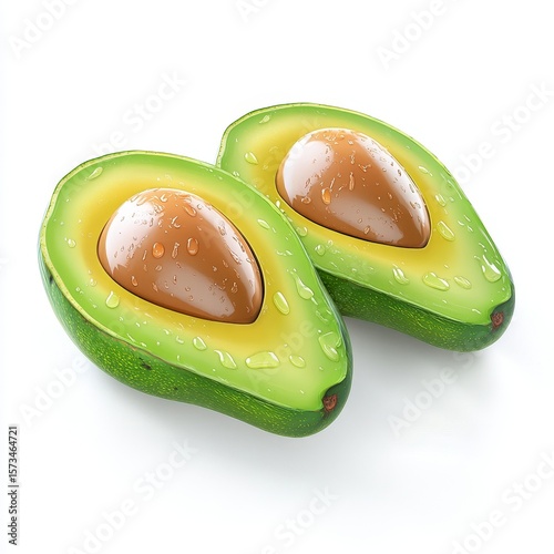 Fresh sliced avocado halves with seeds and water droplets on white background