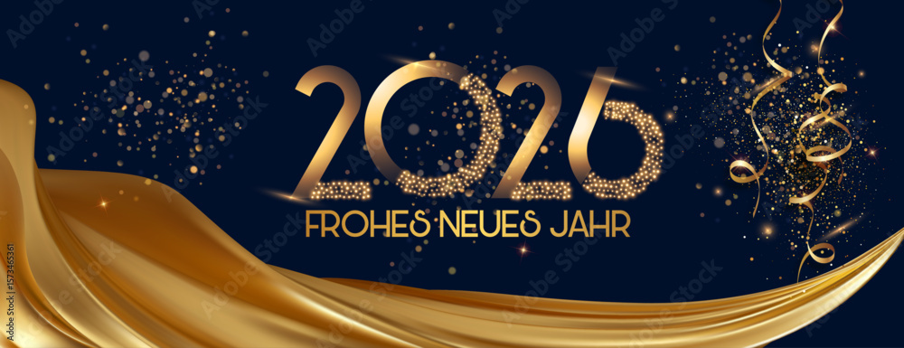 Karte oder Banner, um ein frohes neues Jahr 2026 in Gold mit einem Vorhang aus goldfarbenem Stoff auf schwarzem Hintergrund mit goldenen Pailletten und Luftschlangen zu wünschen