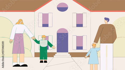 happy family standing front of cozy two story house with purple shutters illustration design.
