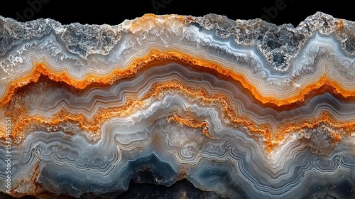 Close-up of a cross-section of an agate stone, showcasing layered bands of color and intricate geological formations.