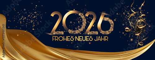 Karte oder Banner, um ein frohes neues Jahr 2026 in Gold mit einem Vorhang aus goldfarbenem Stoff auf schwarzem Hintergrund mit goldenen Pailletten und Luftschlangen zu wünschen