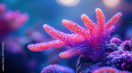 Close-up shot of a vibrant, colorful coral with intricate details, illuminated by blue and violet tones in a marine environment.