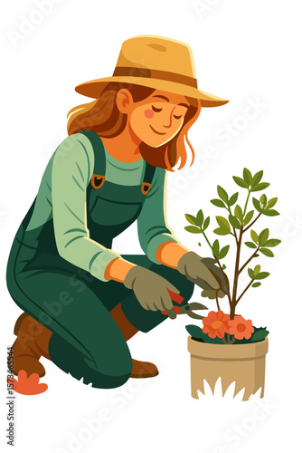 Smiling woman pruning a flowering plant in a pot, flat style, on white background, gardening hobby and Earth Day concept