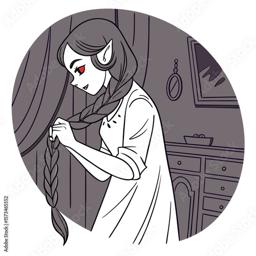 A vampire girl with red eyes braiding her hair in a room with a dresser and a curtain background view