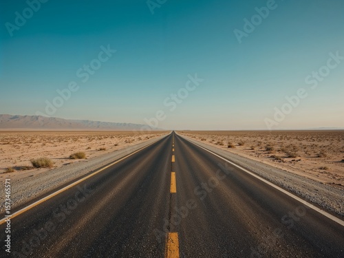 Minimalist Desert Highway Vanishing Into Horizon with Heat Haze and Sparse Vegetation
