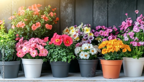 Vibrant and Colorful Flower Pots on a Shelf, Showcasing Beautiful Blossoms for Spring Freshness