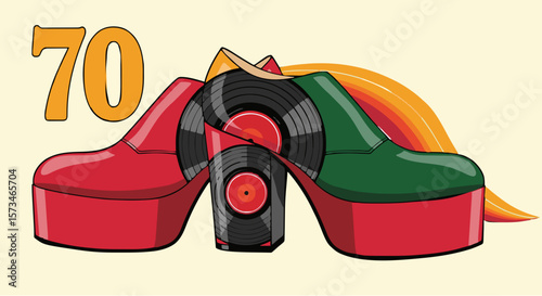 ,“Stylized vector illustration of 1970s disco platform shoes, decorated with vinyl records and psychedelic patterns in orange, yellow, and brown tones generative ai