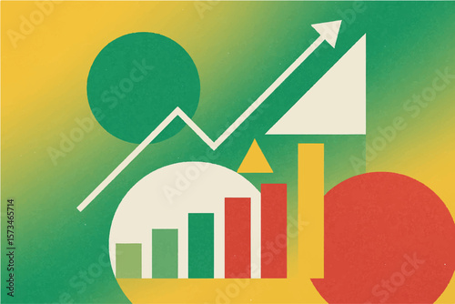 Business growth illustration shows a rising chart with bars and an arrow against colorful geometric shapes.