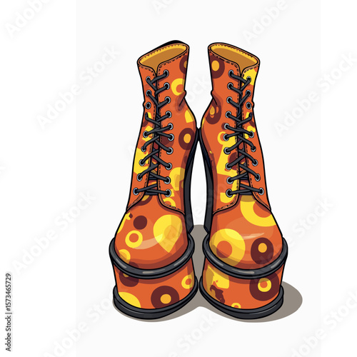 ,“Stylized vector illustration of 1970s disco platform shoes, decorated with vinyl records and psychedelic patterns in orange, yellow, and brown tones generative ai
