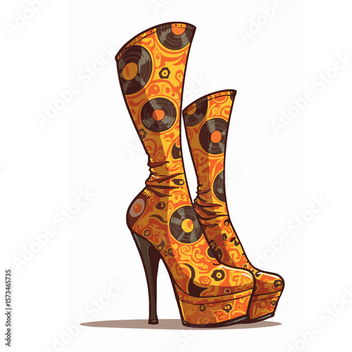 ,“Stylized vector illustration of 1970s disco platform shoes, decorated with vinyl records and psychedelic patterns in orange, yellow, and brown tones generative ai