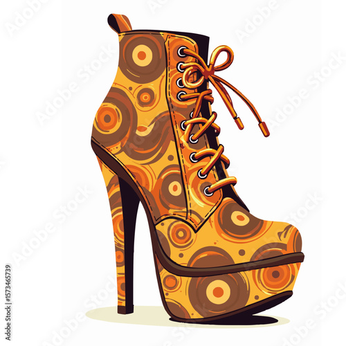 ,“Stylized vector illustration of 1970s disco platform shoes, decorated with vinyl records and psychedelic patterns in orange, yellow, and brown tones generative ai