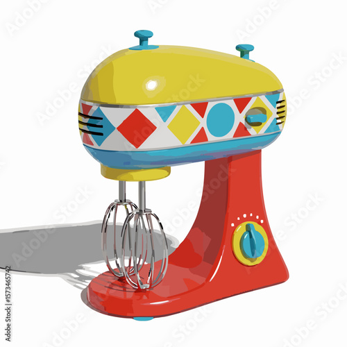 “Cute retro electric mixer from the 1970s, decorated with geometric patterns and bright colors, stylized 3D render with soft shadows, white background,,generative ai