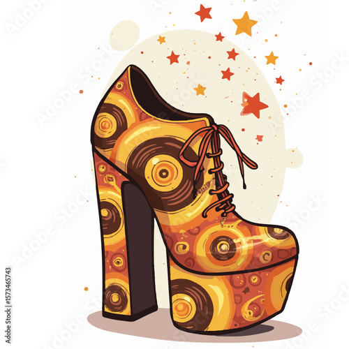 ,“Stylized vector illustration of 1970s disco platform shoes, decorated with vinyl records and psychedelic patterns in orange, yellow, and brown tones generative ai