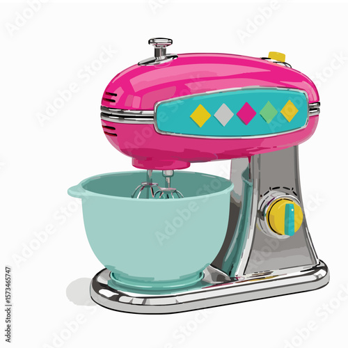 “Cute retro electric mixer from the 1970s, decorated with geometric patterns and bright colors, stylized 3D render with soft shadows, white background,,generative ai