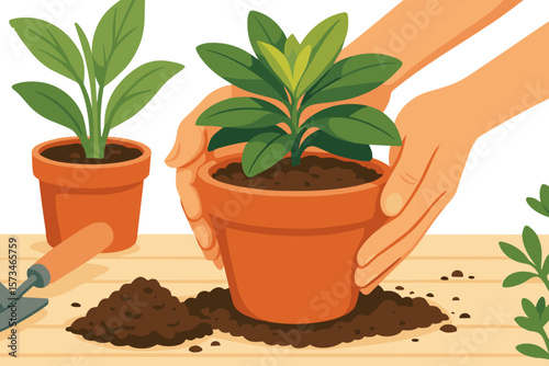 Illustration of hands transplanting houseplants in pots, flat style, warm colors, gardening and houseplant care concept,