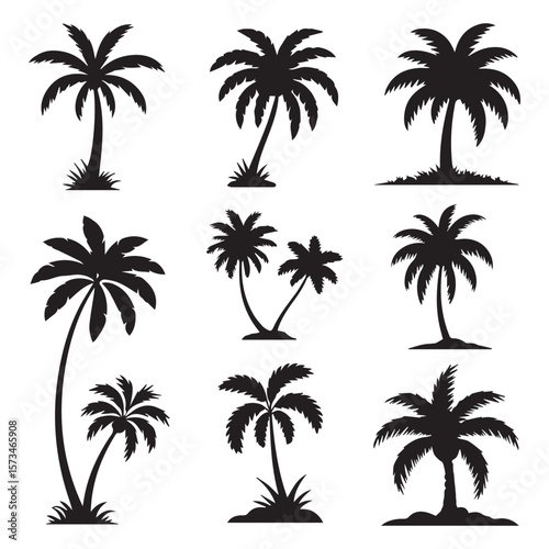 Collection of nine distinct black palm tree silhouettes with varied trunk shapes and frond styles set against a clean white background