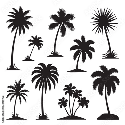 Collection of diverse black palm tree silhouettes with varying heights and leaf shapes against a clean white background representing tropical island scenery