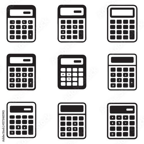 Collection of nine black and white simple calculator icons with different key layouts and symbols on a white background representing financial calculations