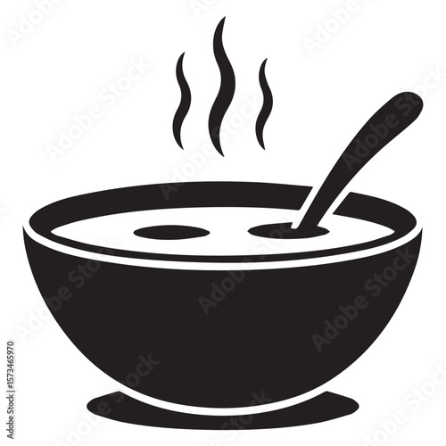 Simple black silhouette of a steaming bowl of soup with a spoon resting inside representing comfort food and warm beverages