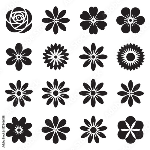 Collection of sixteen diverse black floral silhouettes and flower icons isolated on a clean white background representing various blossom types and petal arrangements