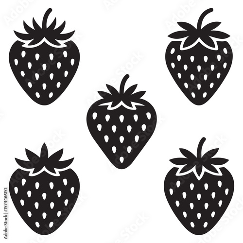 A pattern of five simple black silhouette strawberry icons with white seeds arranged in a pleasing symmetrical composition on a white background