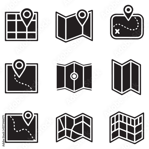 Collection of nine black and white map icons with location pins and dotted lines representing routes and destinations on a clean white background