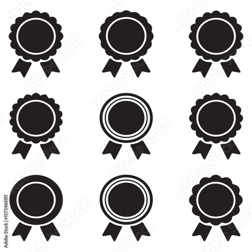 Collection of nine black and white simple vector icons of award ribbons and rosettes on a white background representing achievement and recognition