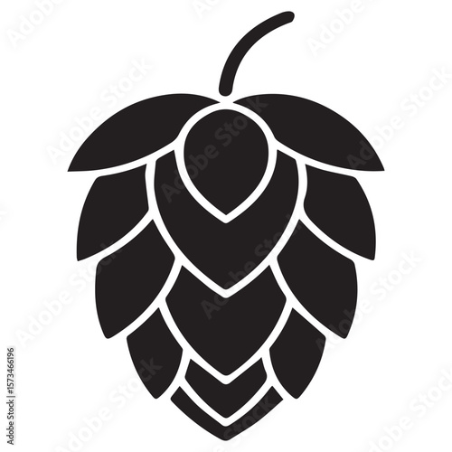 A stylized black silhouette of a hop cone with a curved stem against a clean white background representing brewing and agriculture
