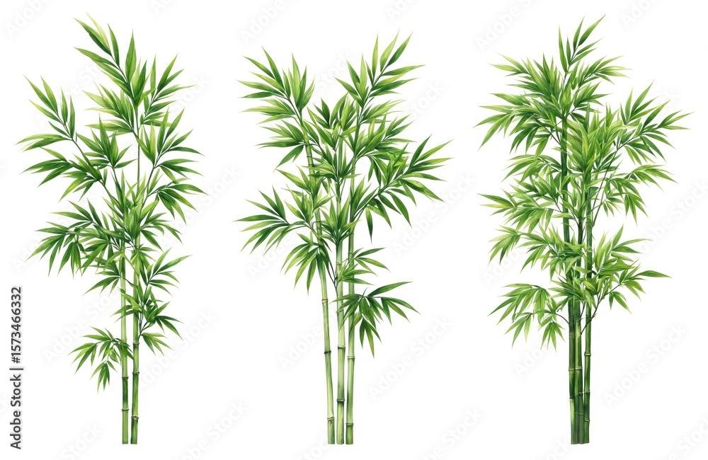 Obraz premium Illustration of three rich green bamboo plants isolated on white background. Features vibrant foliage, segmented stalks, delicate leaves, growth, wellness, serenity. Ideal for botanical designs, spa