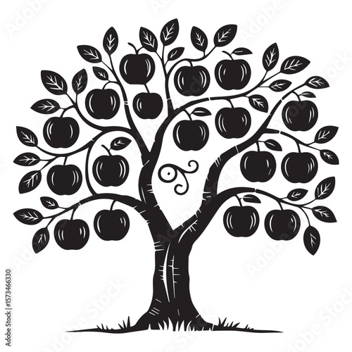 Stylized black silhouette of a mature apple tree laden with ripe fruit and green leaves against a clean white background
