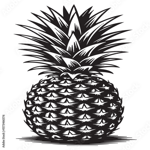 A striking black and white woodcut style illustration of a whole pineapple with spiky leaves and a textured body on a clean white background with a shadow effect