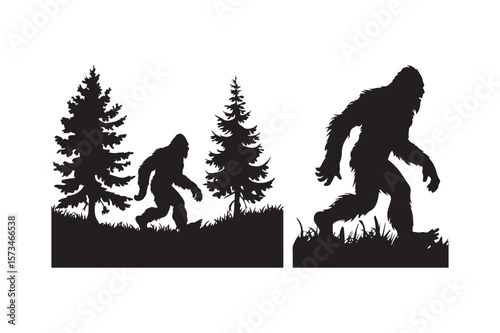 Bigfoot silhouette walking through a forest with pine trees