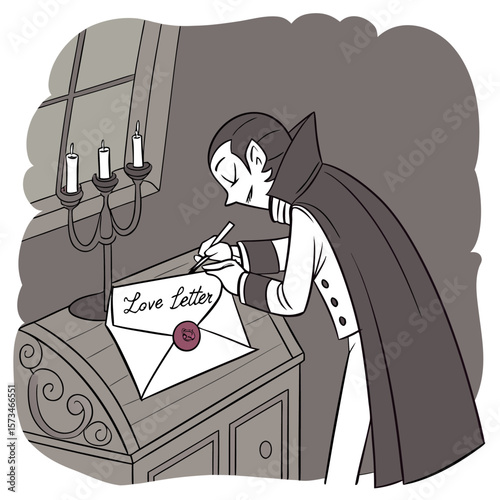 Cartoon vampire writing a love letter at a desk with candles in a dimly lit room in black and white