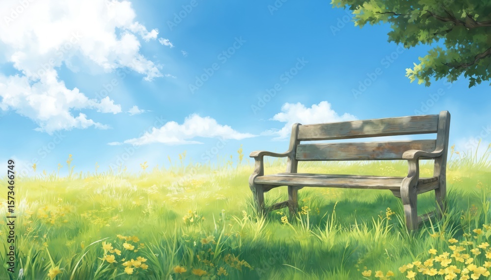 Wooden park bench rests in sunny meadow abundant with yellow wildflowers under clear blue sky with fluffy clouds. Green grass, dappled sunlight, nearby tree create serene, tranquil atmosphere perfect Wooden park bench rests in sunny meadow abundant with yellow wildflowers under clear blue sky with fluffy clouds. Green grass, dappled sunlight, nearby tree create serene, tranquil atmosphere perfect